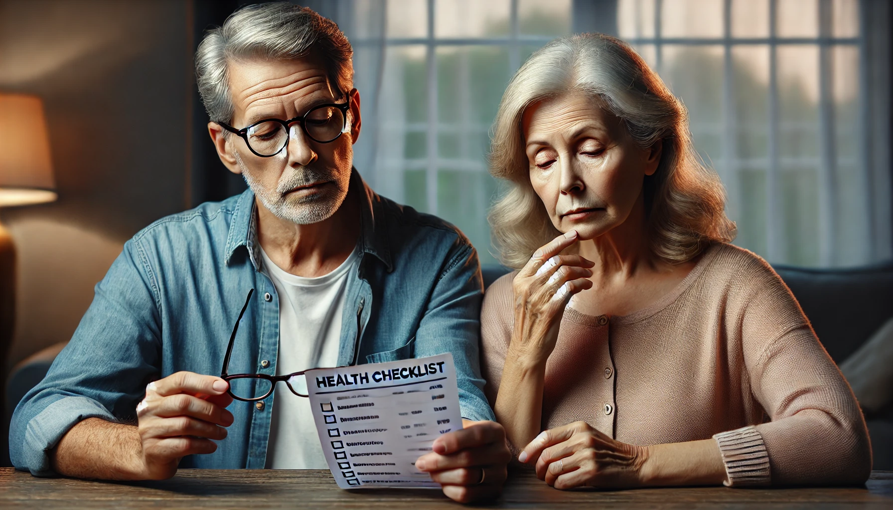 DALL·E 2024-06-23 19.15.34 - A 75-year-old couple sitting at a table, checking a health checklist for their eyes. The husband is wearing glasses and looks calm, while the wife is .webp