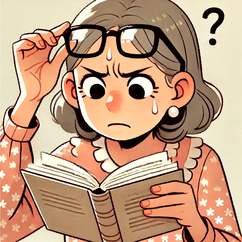 DALL·E 2024-06-28 18.26.33 - A middle-aged woman struggling to read a book. She is wearing reading glasses but has pushed them up to her forehead and is attempting to read the boo.webp