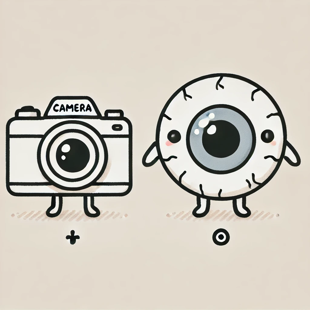 DALL·E 2024-08-15 16.03.01 - A cute, simple line drawing featuring a camera and an eyeball side by side, both drawn to the same size. The illustration should be minimalistic and a.webp