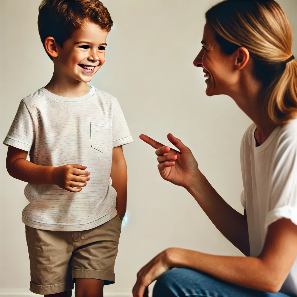 DALL·E 2024-06-16 22.44.36 - A first-grade boy standing and looking at his mother, smiling. He is wearing a T-shirt and shorts, has short hair, and his attention is focused on his.webp