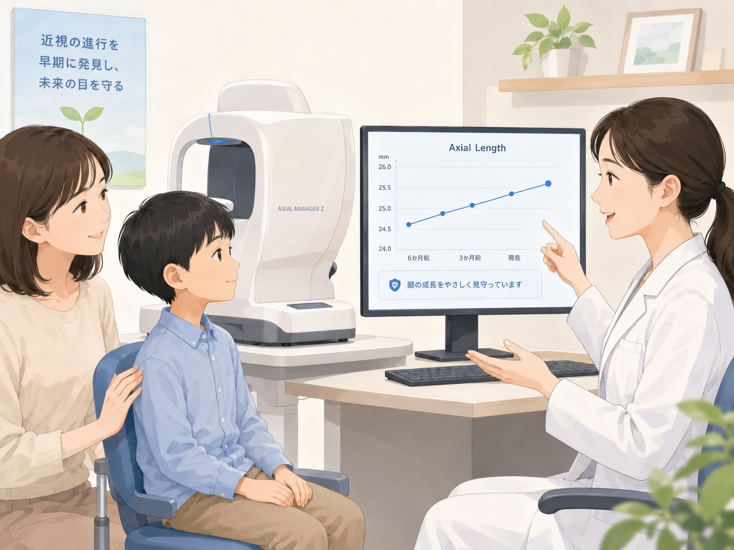メガネの度数が毎年強くなるお子さまへ。眼軸長で近視の進行を確認できます// 2026年6月より Axial Manager 2 を導入しましたのイメージ画像
