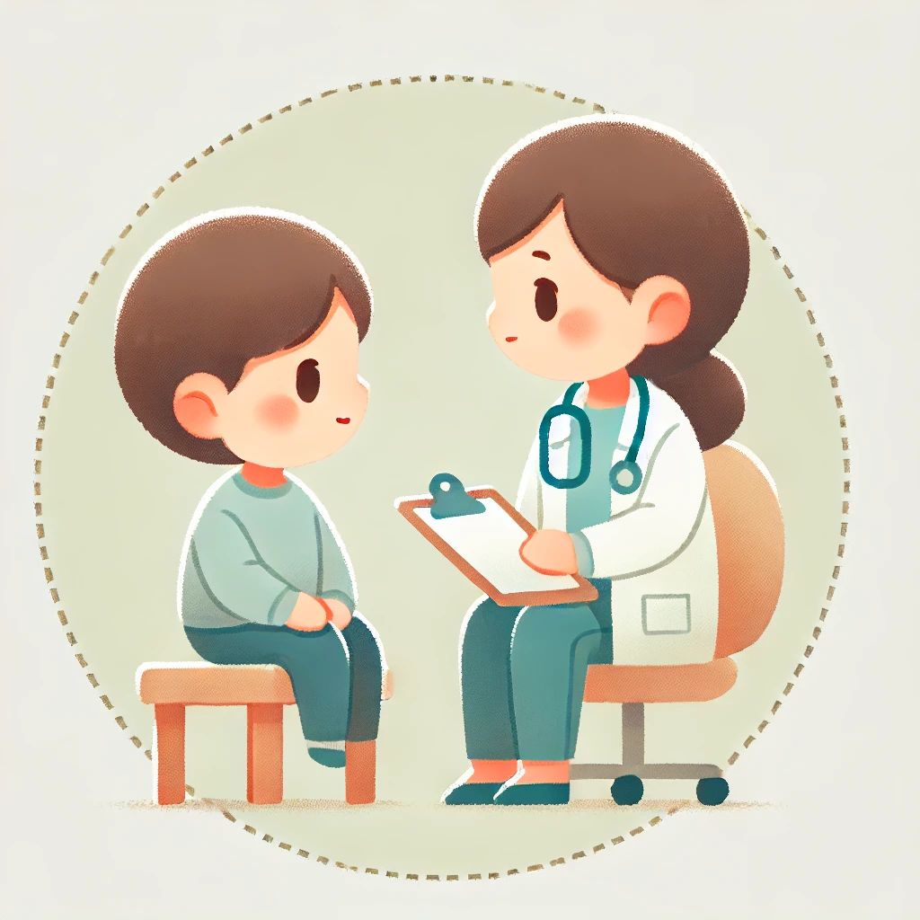 DALL·E 2024-08-15 15.39.58 - Illustration of a 10-year-old child, depicted in a round, slightly stylized form, sitting and having a conversation with a doctor. The child should ap.webp