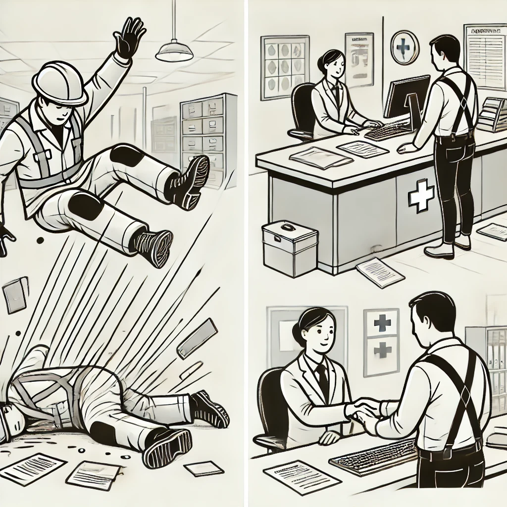 DALL·E 2024-08-29 19.45.22 - An illustration in a simplified, clear style with line art and emphasis on key elements. The first scene shows a worker slipping and falling in a work.webp