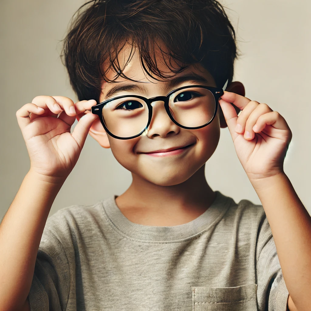 DALL·E 2024-06-16 23.26.01 - A first-grade boy holding his glasses with both hands. He is smiling and wearing a T-shirt and shorts. The background is plain to focus on the boy. Th.webp