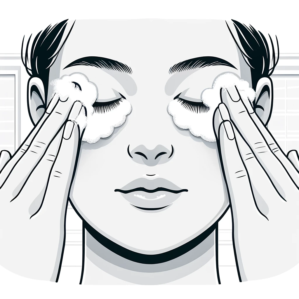 DALL·E 2024-06-08 15.50.40 - A simple and educational illustration of a patient with closed eyes, applying foam cleanser to their eyelids. The patient is using their hands to gent.webp