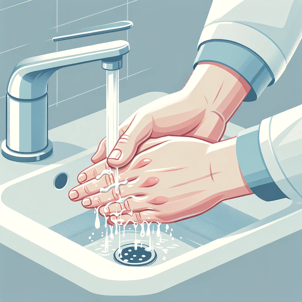 DALL·E 2024-06-08 15.12.29 - A simple and educational illustration of a patient washing their hands and wetting their fingertips with lukewarm water. The patient is at a sink, wit.webp